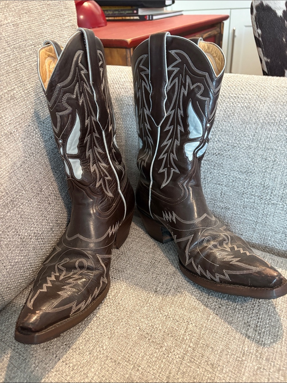 Liberty Boot Co. Dark Brown Western Heeled Boots with light blue butterfly Inlay